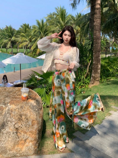 Ethnic Style Seaside Vacation Style Chiffon Loose Pants Suit + with Chest Pad Bikini Top + Sun-Protective Clothing Small Coat