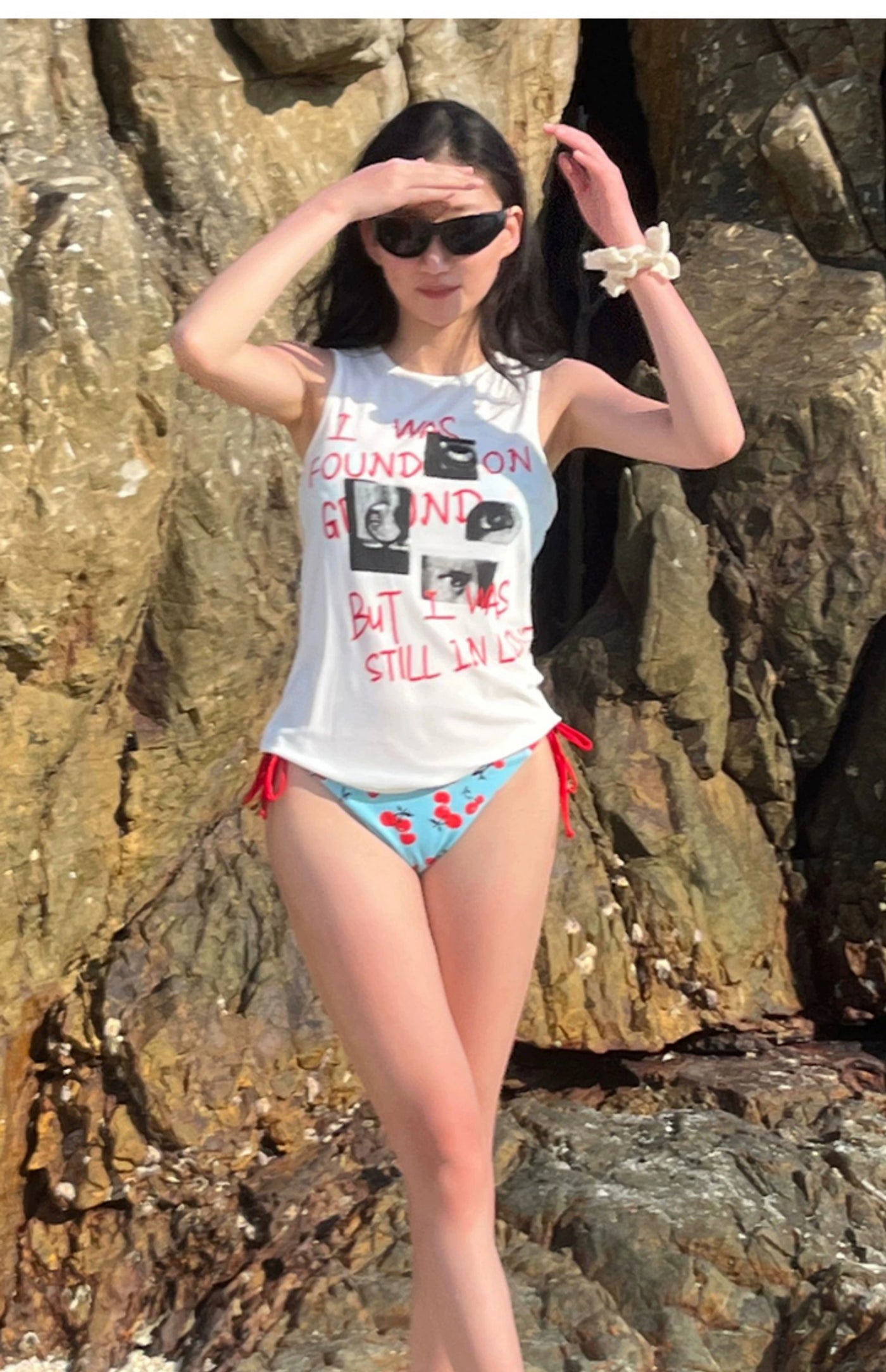 Y2g Young Adult Sweet Cool Sexy Cherry Print Tiffany Blue Bikini Sexy Little Chest Gathered Vacation Swimsuit Women