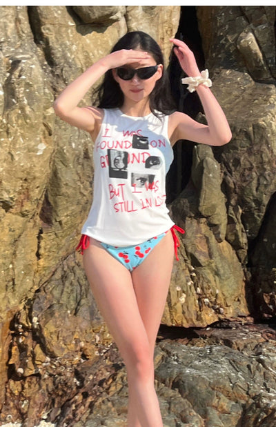 Y2g Young Adult Sweet Cool Sexy Cherry Print Tiffany Blue Bikini Sexy Little Chest Gathered Vacation Swimsuit Women