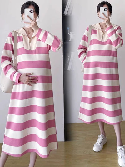 2025 Spring Clothing New Arrival K-style Plus Size Maternity Stripes Dress Fashionable Mom Pullover Sweatshirt Lapel Long Skirt