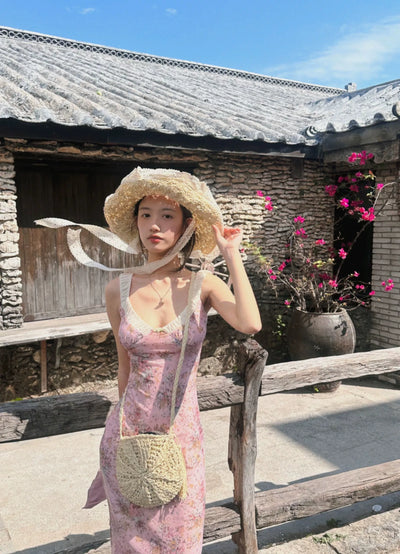 French Floral Strap Dress Women's Summer Tight Waist Long Skirt Beach Skirt Seaside Vacation Skirt