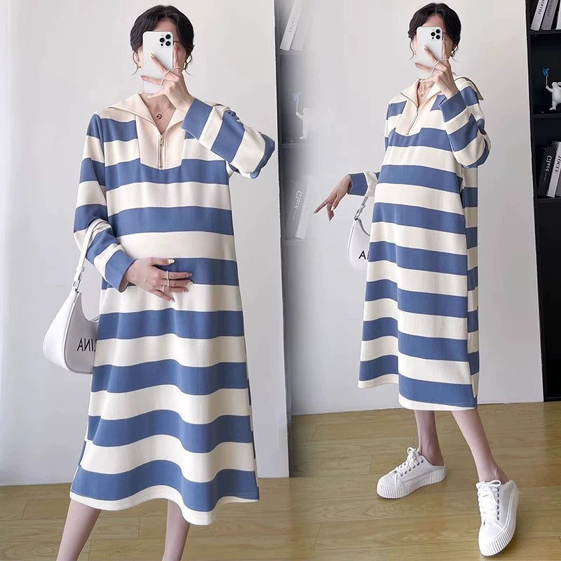 2025 Spring Clothing New Arrival K-style Plus Size Maternity Stripes Dress Fashionable Mom Pullover Sweatshirt Lapel Long Skirt