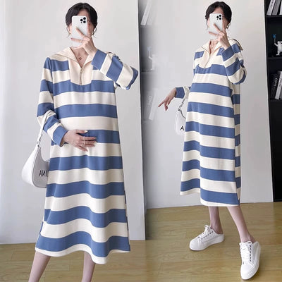 2025 Spring Clothing New Arrival K-style Plus Size Maternity Stripes Dress Fashionable Mom Pullover Sweatshirt Lapel Long Skirt