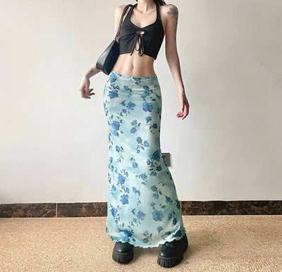 Seaside Vacation Style Suit Pure Desire Stylish White Halter Tube Top Blue Shirt Floral Skirt Two-piece Set