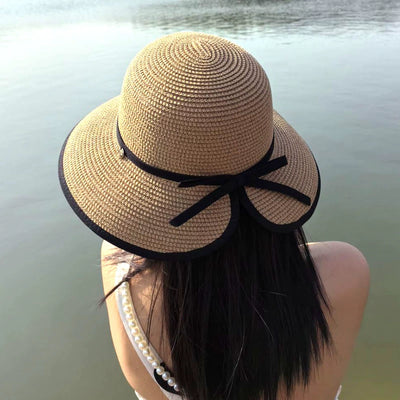 Hepburn Style Raffia Hat Women's Summer Big Brim Vacation Beach Hat Split Bows Travel Fashion Sun Hat Tide