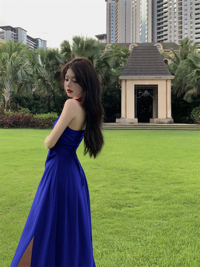 Beautiful Vacation Style Blue Halterneck Chiffon Drape Dress Long Women's Fancy Elegant Mop Long Dress