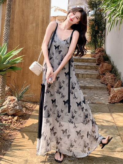 New Chinese Style Chinese Style Sling Dress Chiffon Ink Painting