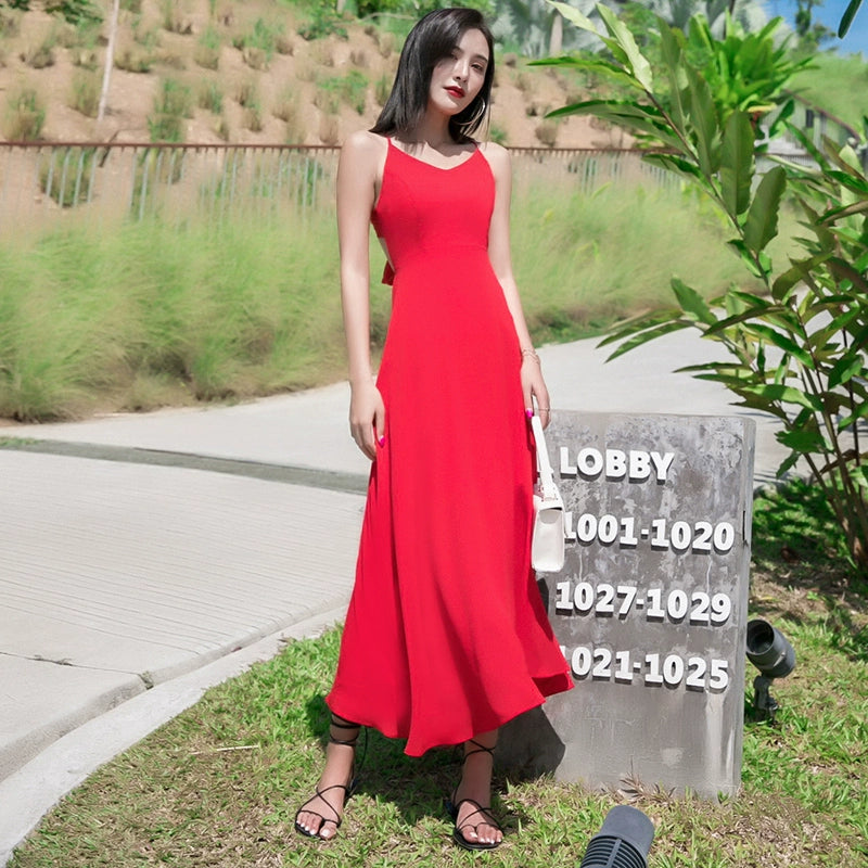 Red Lacing Chiffon Backless Bow Dress