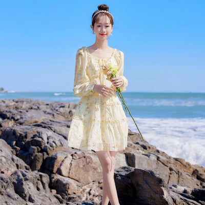 2025 Spring New Arrival Women's Spring Floral Dress Silm Fashion Waist-Controlled Long Sleeves Seaside Vacation Chiffon Skirt