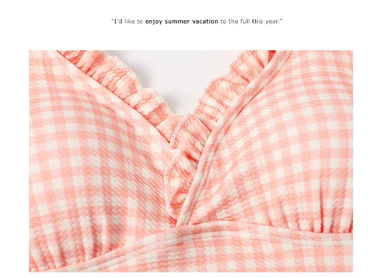 Sanya Swimsuit Women's Sweet Plaid Drawstring Sling Small Chest Push up One-Piece Triangle Hot Spring Vacation Swimsuit Women's