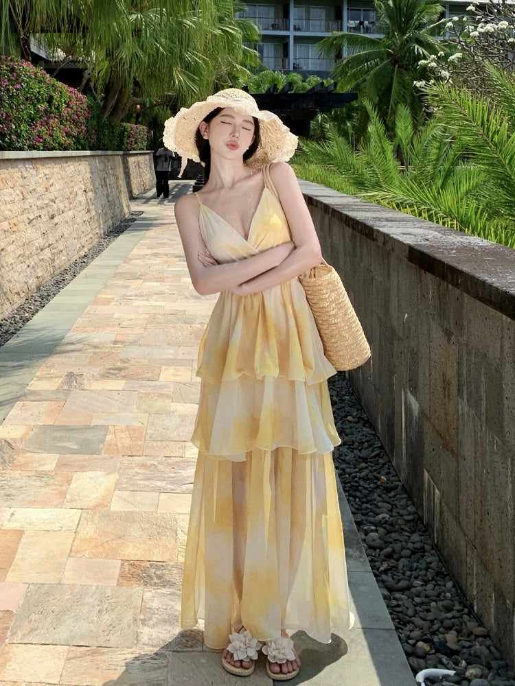 Nipped-Waist New French Seaside Sling Holiday Dress Travel Elegant Cake Dress Summer Beach Dress Female Yellow