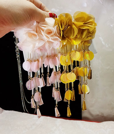 Long European and American Exaggerated Tassel Thin-Looking Earrings Flowers