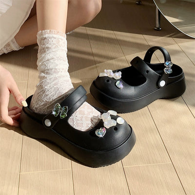 Thin Strip Sweet Rhinestone Mary Jane Sandals Fairy Style Fashion Summer Outwear Holiday Sandals Hole Shoes