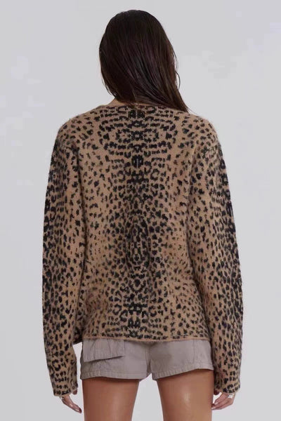 Y2g Fashion Soft Knitting V Neck Cardigan Leopard-Print Sweater