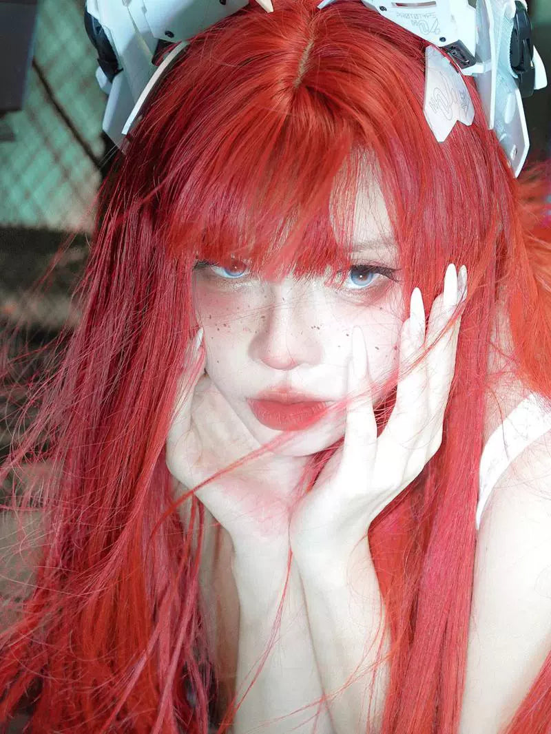 Y2g Sea King Red Long Straight Hair Full Head Cover Lolita Qi Bangs Gyaru Pull Red One-Size-Cut Long Hair Cos Universal