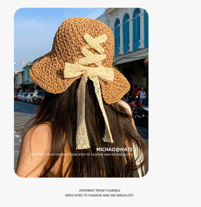 Straw Hat Female Summer New French Woven Bows Sun-Proof Bucket Hat Fresh Beach Trip Vacation Sun Hat