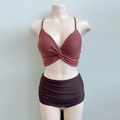 South korea New Swimsuit Women Sexy High Waist Retro Pure Desire Ventilation Network Red Split Bikinis Hot Spring Vacation Swimsuit