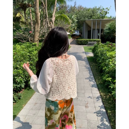 Ethnic Style Seaside Vacation Style Chiffon Loose Pants Suit + with Chest Pad Bikini Top + Sun-Protective Clothing Small Coat