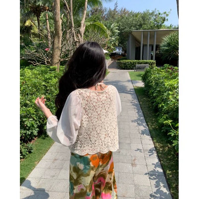 Ethnic Style Seaside Vacation Style Chiffon Loose Pants Suit + with Chest Pad Bikini Top + Sun-Protective Clothing Small Coat