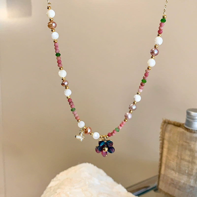 Spring Letter ~ Natural Stone Color Beaded Flower Pendant Necklace Female Dopamine Vacation Style Necklace Clavicle Chain