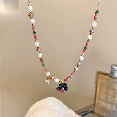 Spring Letter ~ Natural Stone Color Beaded Flower Pendant Necklace Female Dopamine Vacation Style Necklace Clavicle Chain
