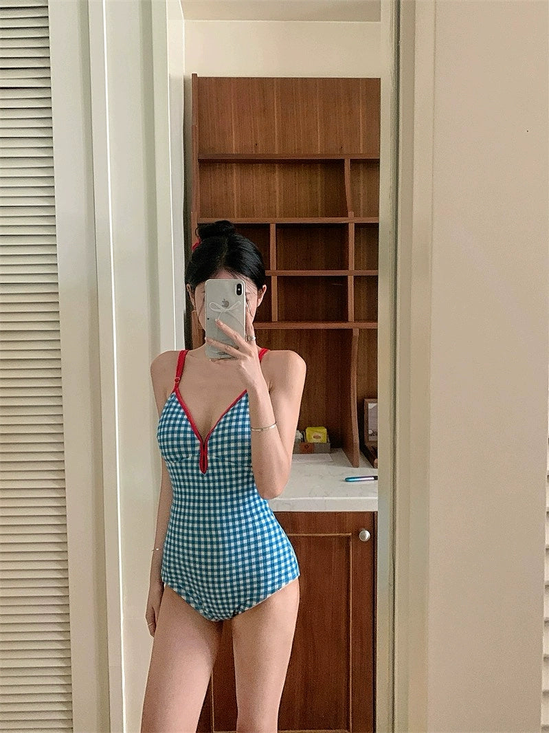 Thailand Gingham Fresh Niche Style Triangle One-Piece Swimsuit