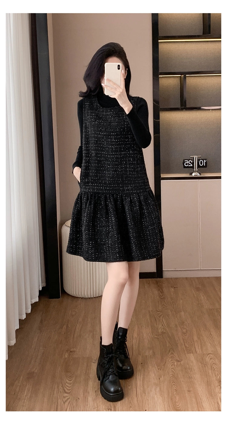 Woolen One piece Dress Women clothing Plus size Fat Mm2024 Autumn and Winter New Age-Reducing High end Western Style Fashion Woolen Vest Dress