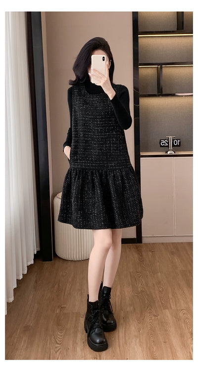 Woolen One piece Dress Women clothing Plus size Fat Mm2024 Autumn and Winter New Age-Reducing High end Western Style Fashion Woolen Vest Dress