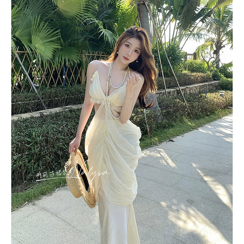 Elegant Ladies Seaside Holiday Midriff Outfit Dress Dress