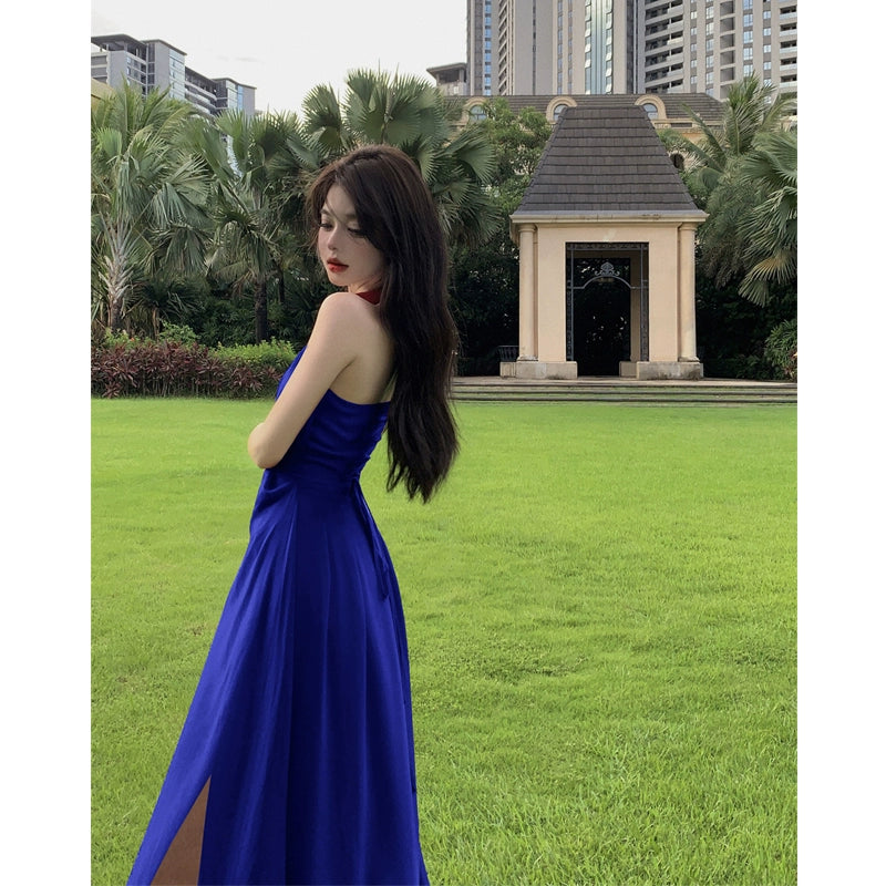 Beautiful Vacation Style Blue Halterneck Chiffon Drape Dress Long Women's Fancy Elegant Mop Long Dress