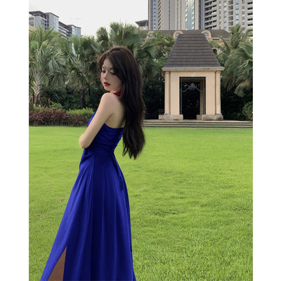 Beautiful Vacation Style Blue Halterneck Chiffon Drape Dress Long Women's Fancy Elegant Mop Long Dress