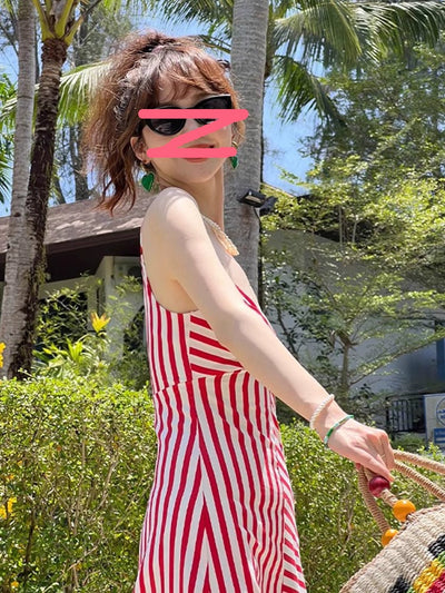 Red Stripes V-neck Sexy Sling Dress Women's Summer New Arrival High Waist Hainan Seaside Holiday Beach Dress
