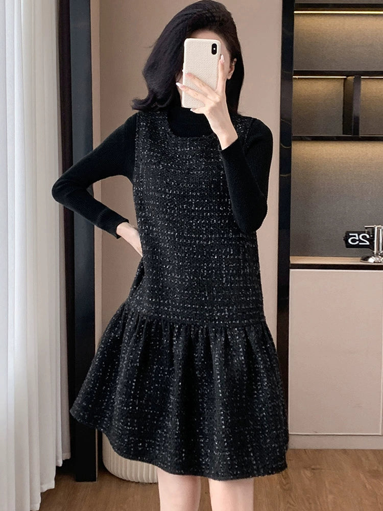 Woolen One piece Dress Women clothing Plus size Fat Mm2024 Autumn and Winter New Age-Reducing High end Western Style Fashion Woolen Vest Dress