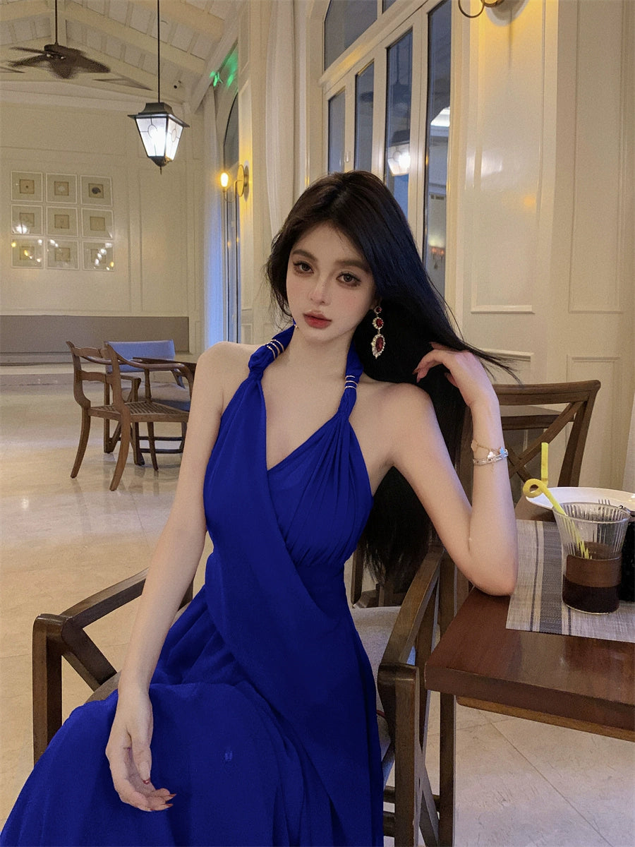 Beautiful Vacation Style Blue Halterneck Chiffon Drape Dress Long Women's Fancy Elegant Mop Long Dress