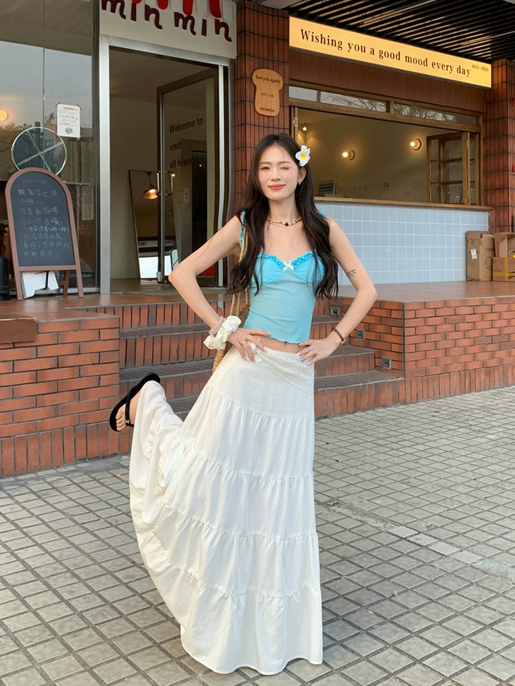 Seaside Vacation Style Suit Pure Desire Stylish White Halter Tube Top Blue Shirt Floral Skirt Two-piece Set