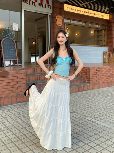 Seaside Vacation Style Suit Pure Desire Stylish White Halter Tube Top Blue Shirt Floral Skirt Two-piece Set