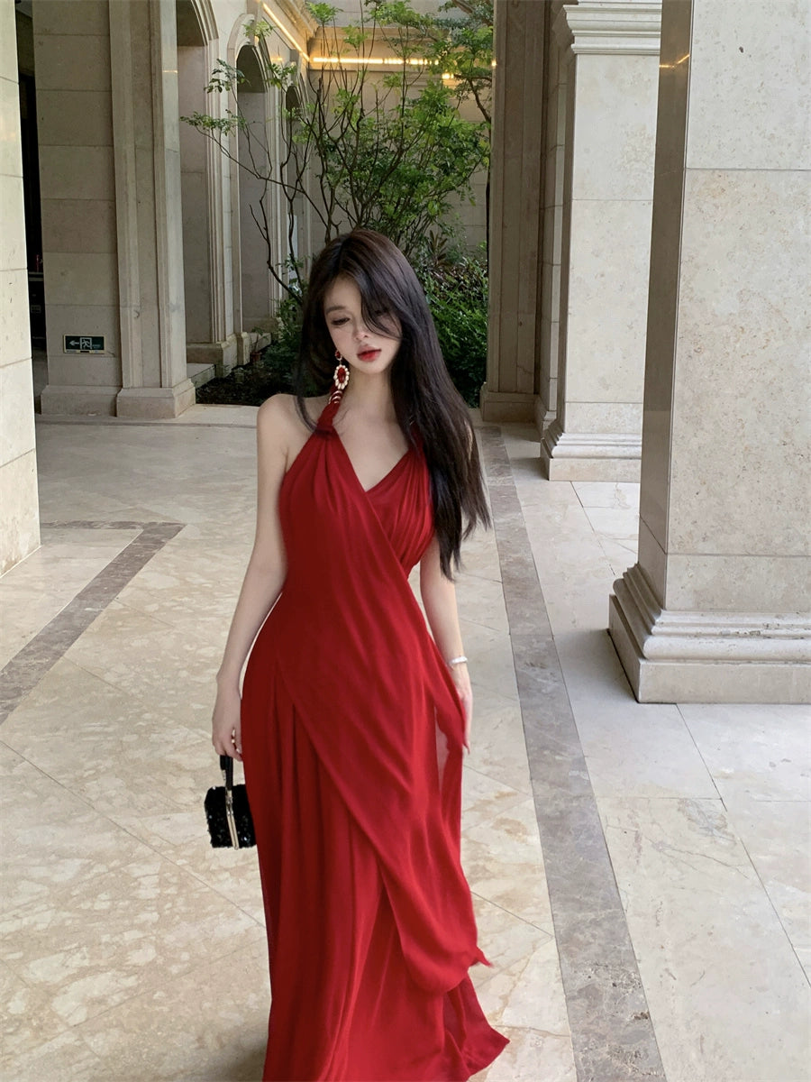 Beautiful Vacation Style Blue Halterneck Chiffon Drape Dress Long Women's Fancy Elegant Mop Long Dress