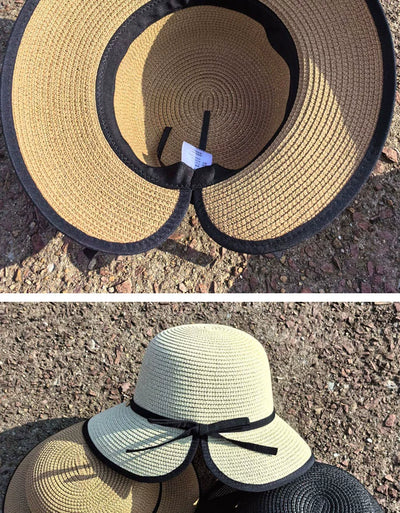 Hepburn Style Raffia Hat Women's Summer Big Brim Vacation Beach Hat Split Bows Travel Fashion Sun Hat Tide