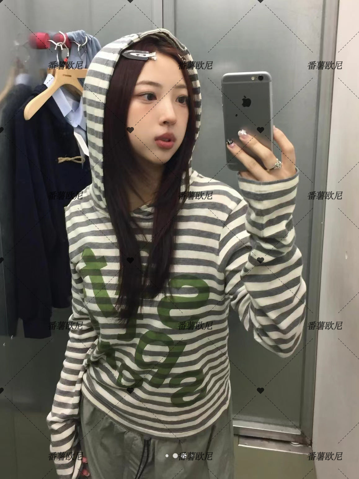 Sweet Potato Oni Homemade 2024 Spring Niche Style Safari Stripes Hooded Letter-Print Y2g Loose Long Sleeves