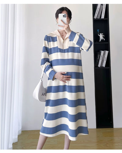 2025 Spring Clothing New Arrival K-style Plus Size Maternity Stripes Dress Fashionable Mom Pullover Sweatshirt Lapel Long Skirt