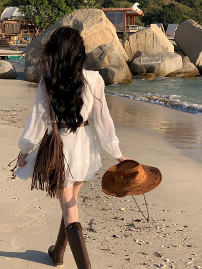 Pure First Date Sense Seaside Vacation Style Long Sleeves Dress