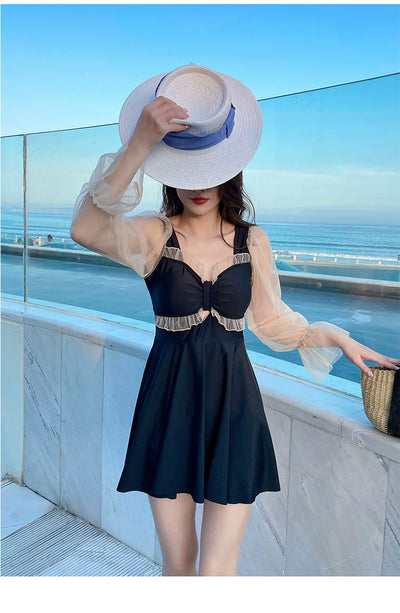 Hot Spring Women's Large Size Slimming Conservative Gathering Long-Sleeved Swimsuit