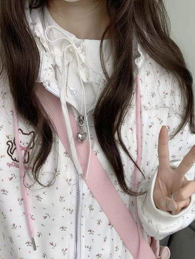 Sub-Culture Y2g Millennium Japanese Style Soft Girl Two-Dimensional Small Floral Cat Embroidered Hoodie Female Fall Winter Coat