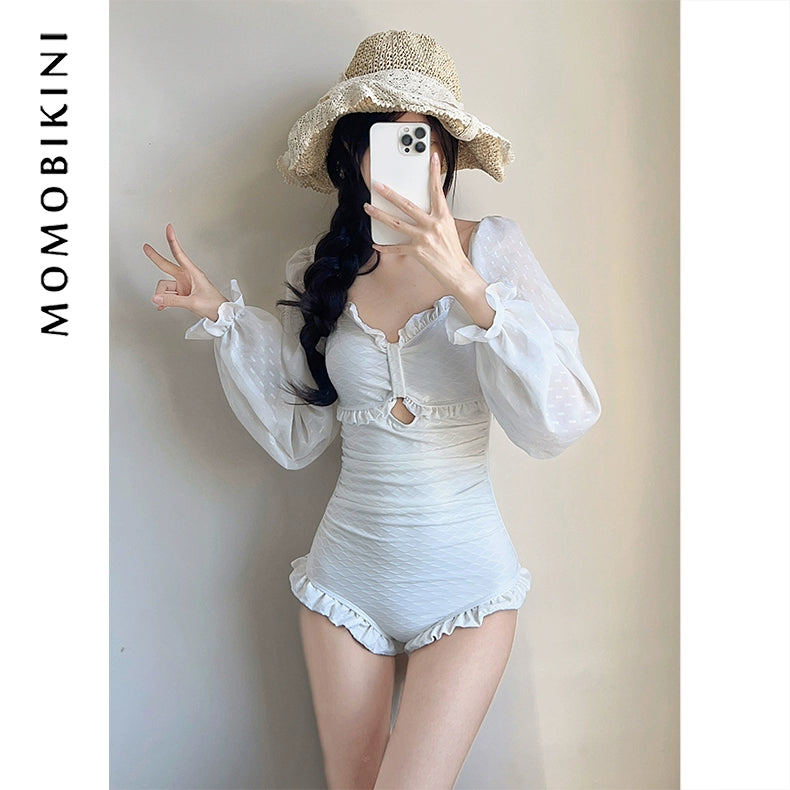 Holiday White Long Sleeves Female Student Hot Spring Bathing Suit