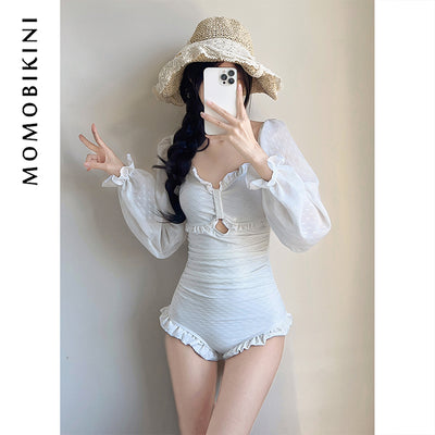 Holiday White Long Sleeves Female Student Hot Spring Bathing Suit
