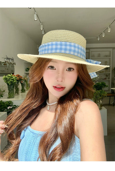 Straw Hat Japanese Style Women's Spring Summer Outing Plaid Bows
