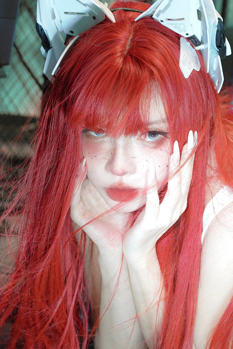 Y2g Sea King Red Long Straight Hair Full Head Cover Lolita Qi Bangs Gyaru Pull Red One-Size-Cut Long Hair Cos Universal