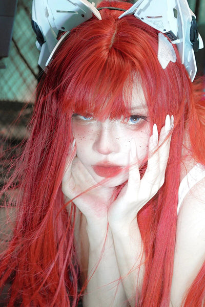 Y2g Sea King Red Long Straight Hair Full Head Cover Lolita Qi Bangs Gyaru Pull Red One-Size-Cut Long Hair Cos Universal