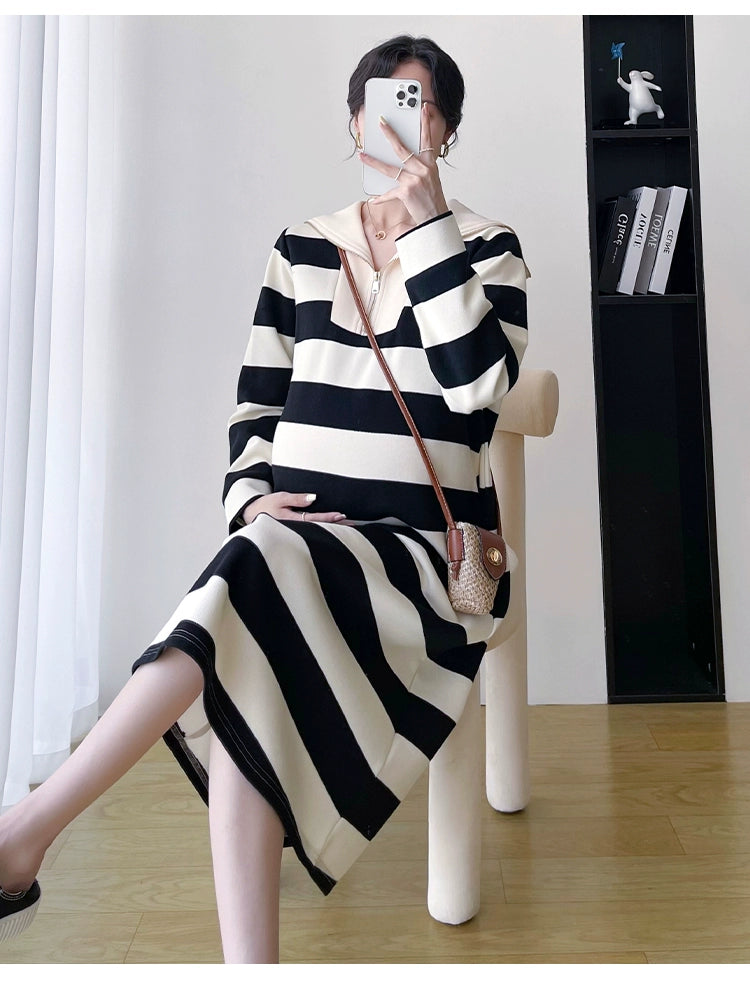 2025 Spring Clothing New Arrival K-style Plus Size Maternity Stripes Dress Fashionable Mom Pullover Sweatshirt Lapel Long Skirt
