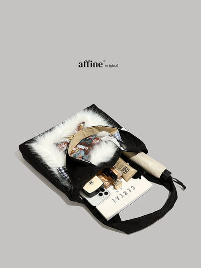 Y2g Cute Funny Stylish Niche Style Patchwork Stuffed Fur Bag College Student Work Clothing Cartoon Canvas Shoulder Bag